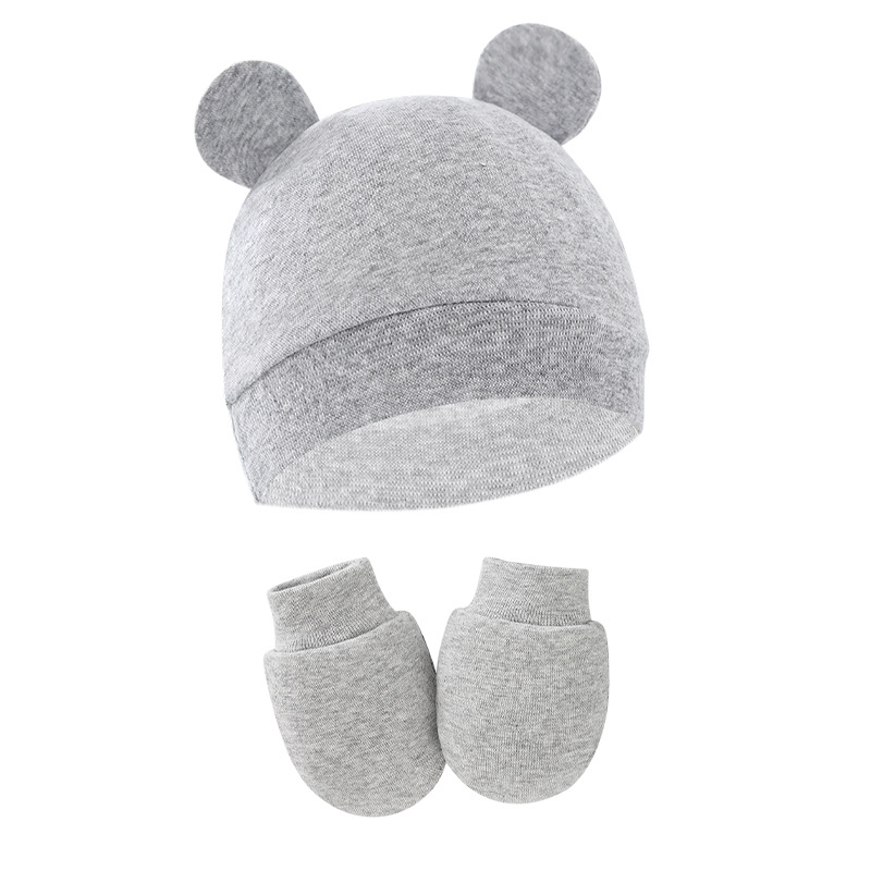 外贸欧美新生儿胎帽婴儿帽加手套套装宝宝双耳套头帽8305