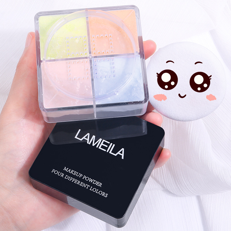 Four-grid loose powder is waterproof, sweat-proof, long-lasting oil-control and does not smudge. The matte powder compact provides concealer and brightens. Four-color setting powder full figure