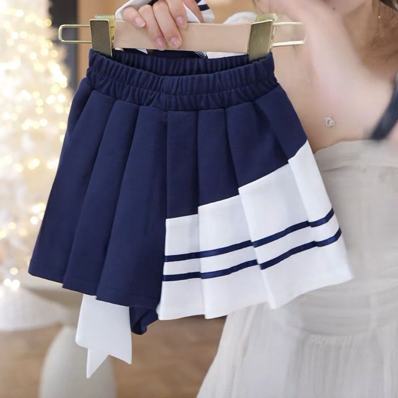 女の子スーツ夏の新作 2025 ラペルバックレスビッグリボンベストトッププリーツショートスカート 2 点セット|undefined