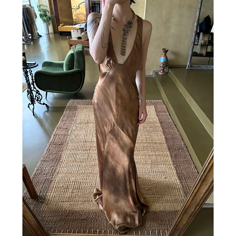 In-Stock Goddess Sexy Deep V-Neck Tie-Dye Print Tank Dress Retro Slimming Mermaid Floor-Length Gown Dress Long