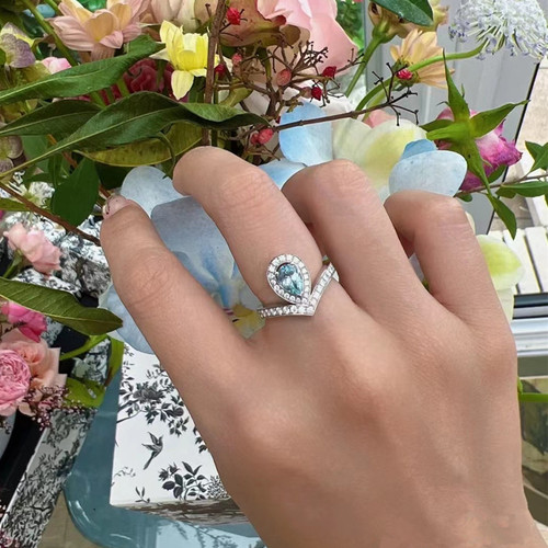 Fashion Mosaic Diamond Crown Waterdrop V Ring Sea Blue Pure Silver Diamond Ring Engagement Gift Light Luxury Women's Ring