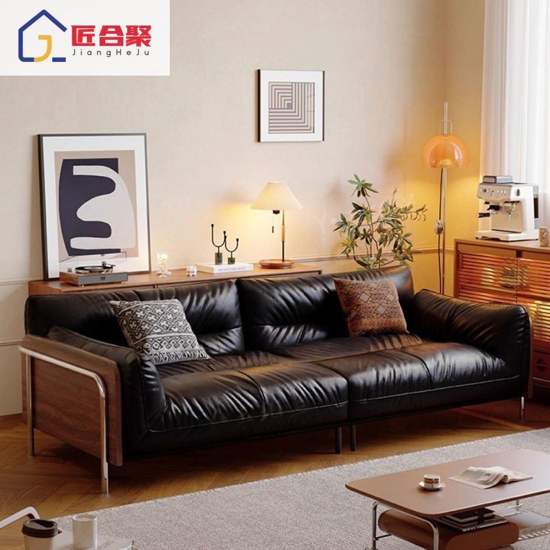 French Retro Style Genuine Leather Sofa for Living Room, Small Apartment, Straight Row Oil Wax Leather, Home Mid-Century Style Black Leather Art Sofa