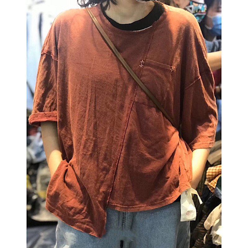 休闲大码不规则短袖毛边圆领T恤女针织棉宽松个性内搭上衣潮52013