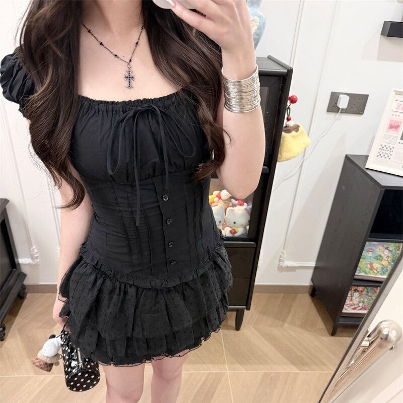 French Retro Black Hollow-Out Square-Neck Off-Shoulder Puff-Sleeve Shirt with Bow Lace Blouse for Women, Perfect for Early Summer French Retro Black Hollow-Out Square-Neck Off-Shoulder Puff-Sleeve Shirt with Bow Lace Blouse for Women, Perfect for Early Summer