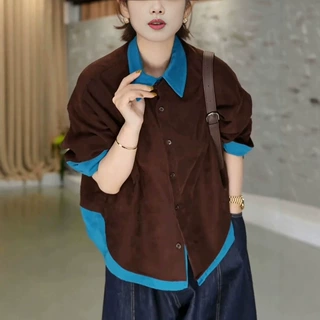 复古撞色拼接假两件衬衫上衣女2026秋季新款时尚百搭气质长袖外套