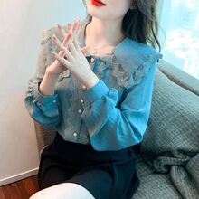 娃娃领雪纺衬衫女春秋新款长袖上衣女减龄洋气超仙士衬衫