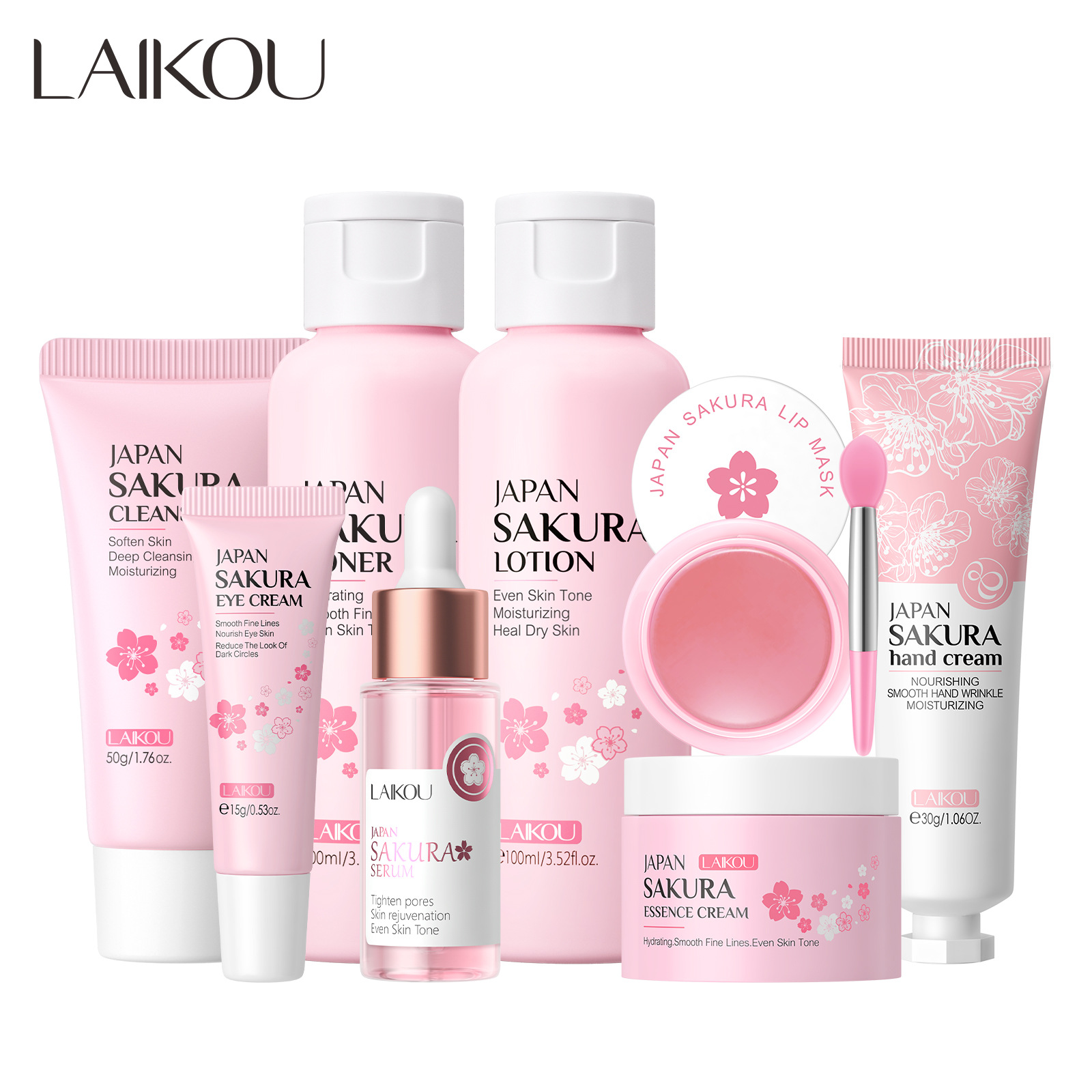 Conjunto combinado de leche de caracol y flor de cerezo LAIKOU transfronterizo, varios conjuntos, kit de productos para el cuidado de la piel de combinación libre.