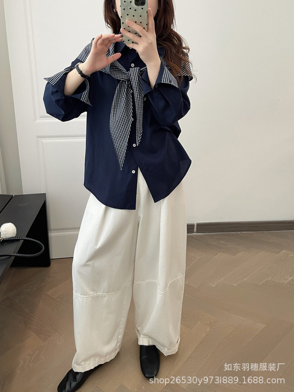 2025秋季丝巾两件套天丝上衣女简韩系设计感宽松休闲长袖衬衫0965|undefined
