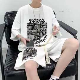 男士潮牌大码夏季五分裤短袖T恤运动服两件套青少年薄款休闲套装
