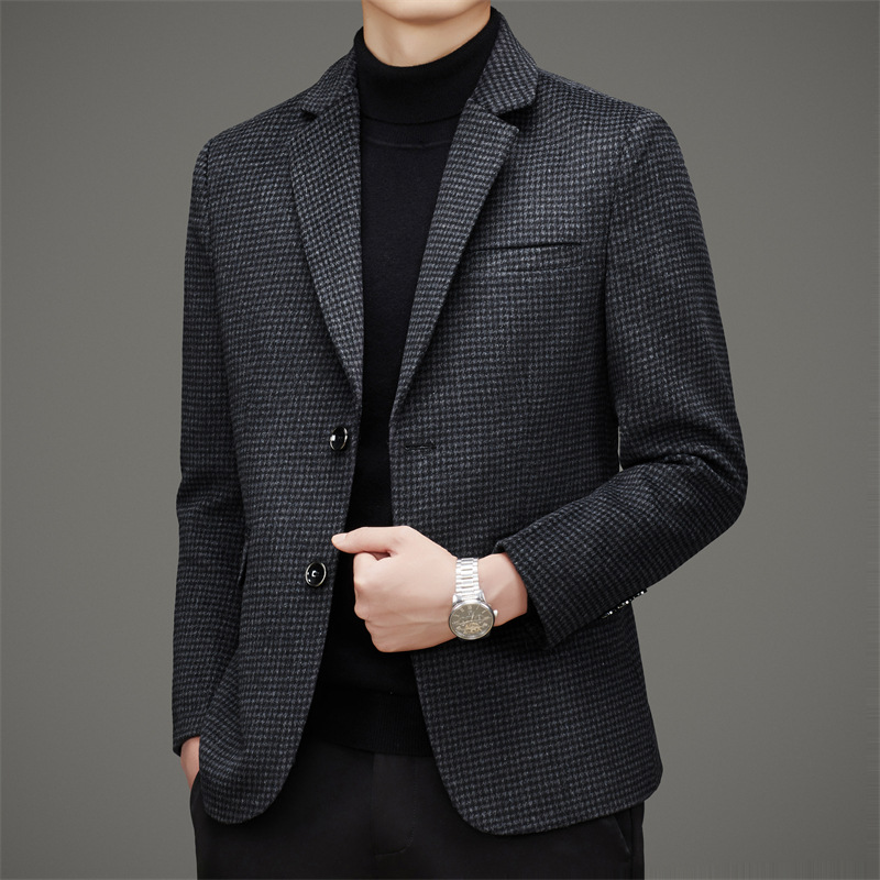 秋冬ウールブレザー メンズファッション カジュアル 格子柄 スリムフィット 暖かい ウールスーツ シングルブレザー トレンド