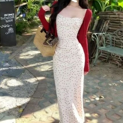 French-Style Cardigan + Polka Dot Halter Dress Set, Summer Plus-Size Vacation Style, Waist-Cinching Slimming Two-Piece Set French-Style Cardigan + Polka Dot Halter Dress Set, Summer Plus-Size Vacation Style, Waist-Cinching Slimming Two-Piece Set