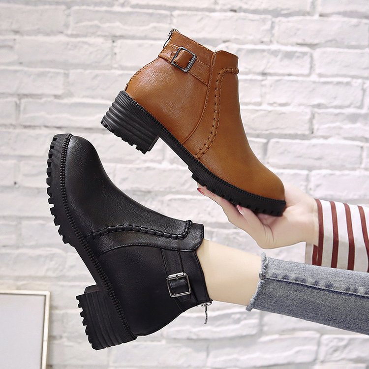 Large Size Mid-heel Leather Boots Foreign Trade New Women's Shoes Square-heel Martin Boots Fleece-lined British-style Thick-soled Ankle Boots for Women