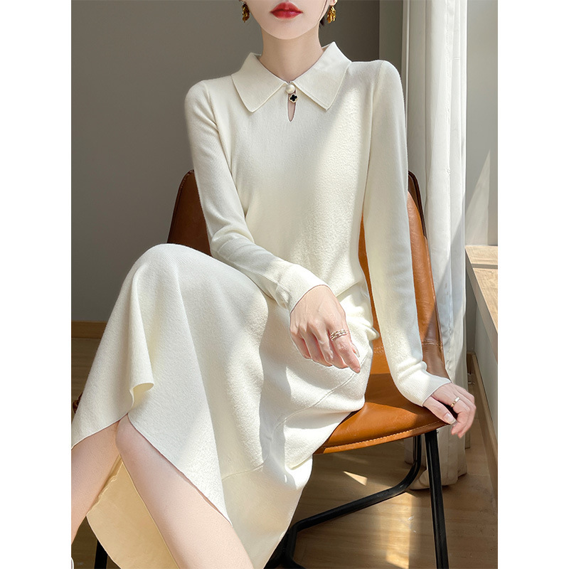 Cross-Border Women's Clothing Andy Velvet Knit Ultra-Long Over-The-Knee Dress with Polo Collar, Solid Color Pullover Long-Sleeve Dress for Women