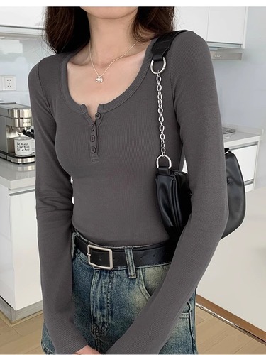 Pure Color Long Sleeve T-Shirt for Women  Autumn New Women's Top for Layering, Square Shoulder Sweatshirt Ribbed V-Neck Basic T-Shirt Trendy