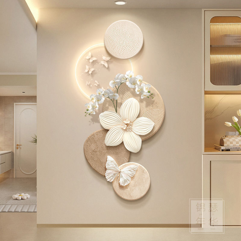 Cream Style Entrance Decorative Painting Creative Flower Butterfly Corridor Hanging Painting Advanced Sense Three-dimensional Sandstone Wall Painting Lamp