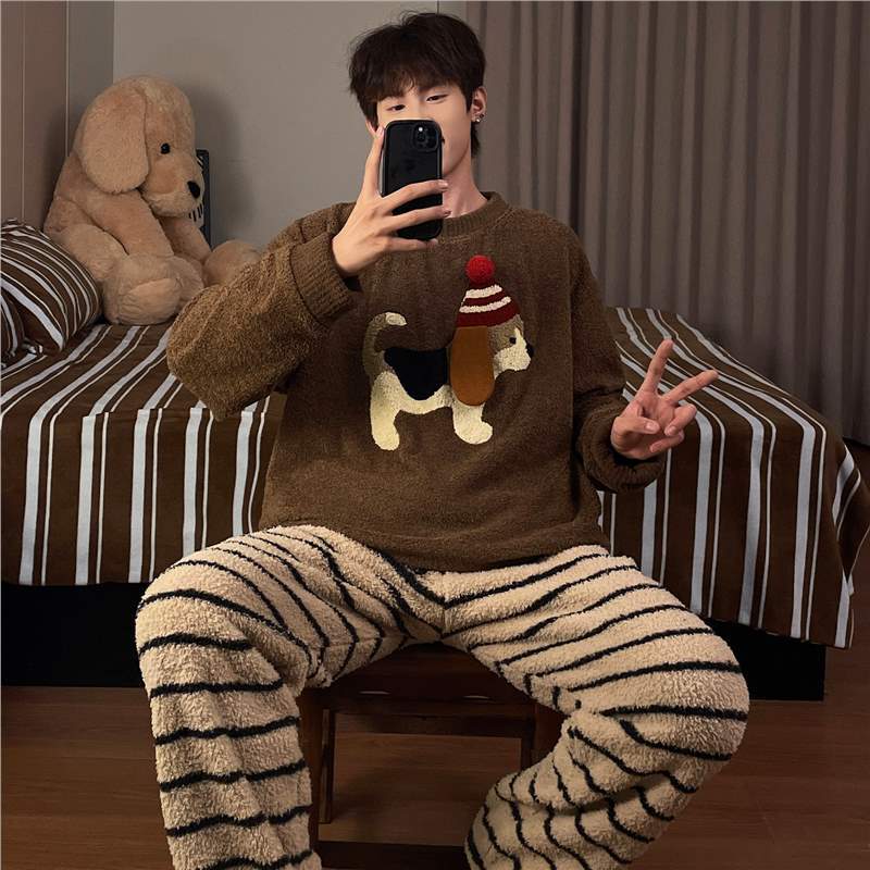 Dachshund Autumn and Winter New Men's Warm Half-Velvet Pajamas Round Neck Thickeneded Coral Velvet Can Be Worn Outside Home Clothes