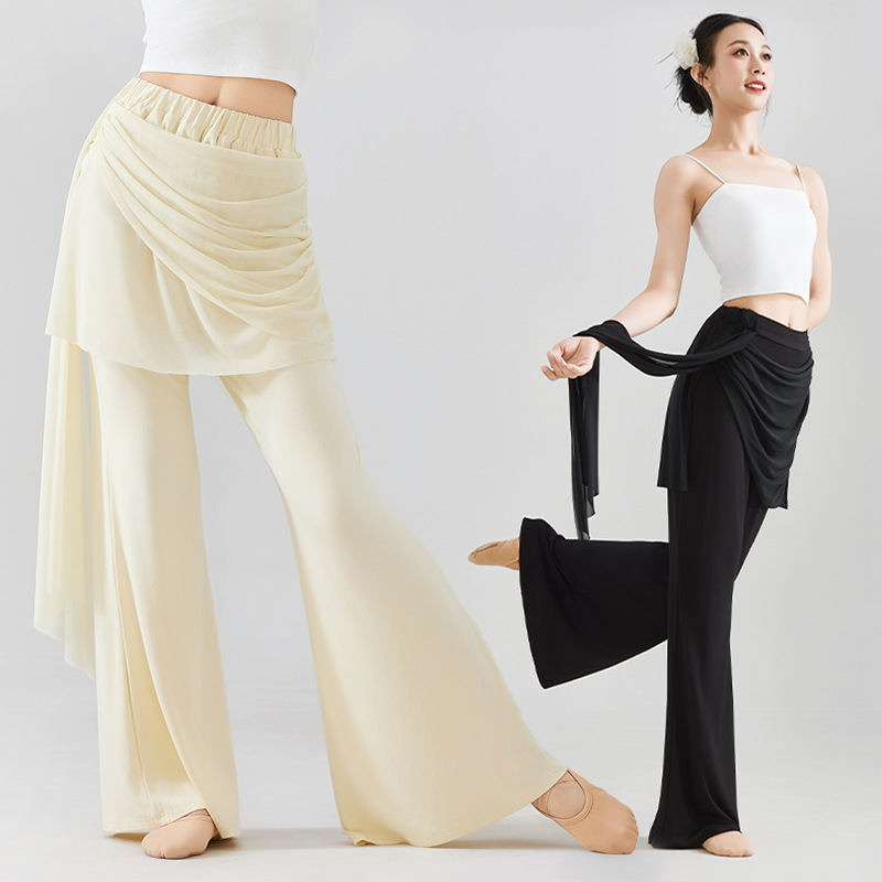 Dance Pants for Adult Women in Autumn and Winter with Ribbons, Yoga Practice Pants, High Elasticity, Skin-Friendly, Modern Classical Dance High-Waisted Wide-Leg Pants
