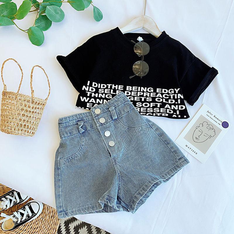 Girls Suit Summer Clothes Summer Style Short-Sleeved Kidsren's Navel-Baring Tops Summer Fashionable New Short Style T-Baring