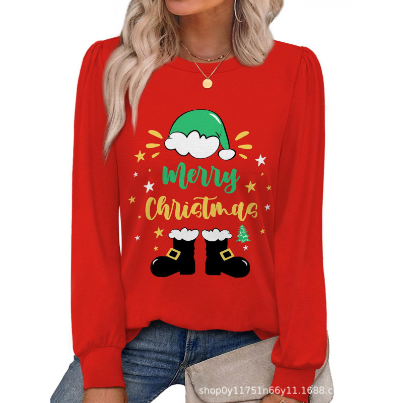 2025 Autumn Christmas Gift Women's Long Sleeve Pullover Tops Round Neck Long Sleeve Printed T-Shirt