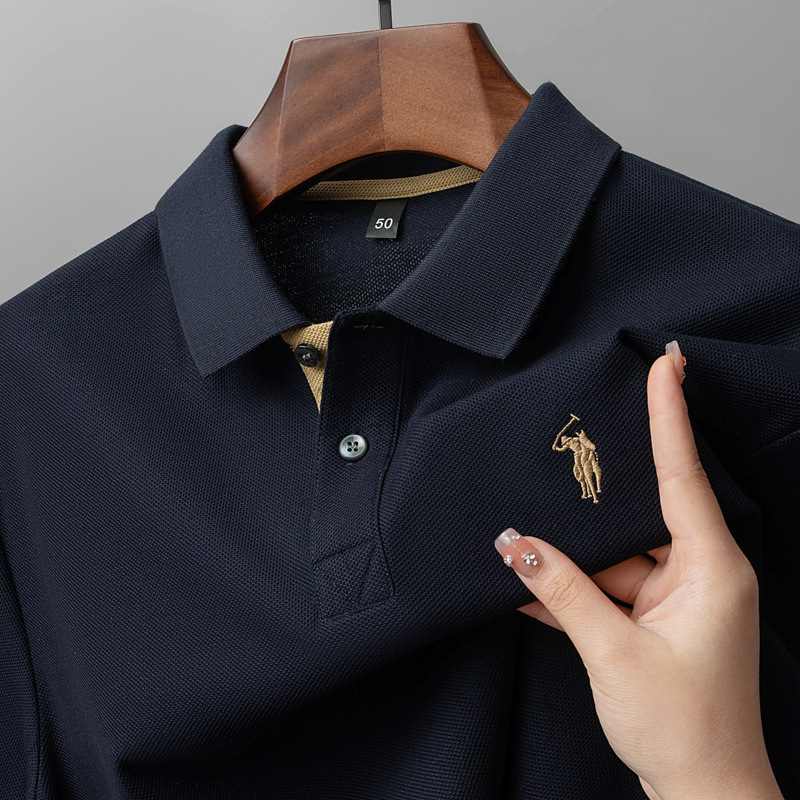 220g Hexagonal Bead Mercerized Cotton Lapel Men's Polo Shirt 100% Cotton Embroidered Middle-Aged Men's Polo Shirt Top