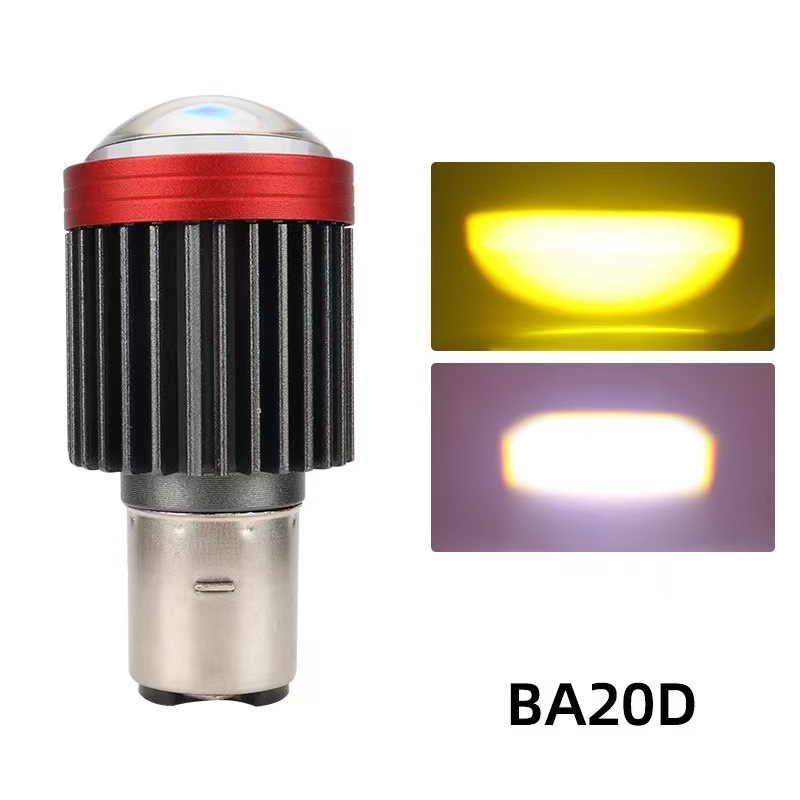 Led Dual-Lens Motorcycle Headlight White and Yellow Dual-Color H4 Ba20D Fisheye Super Bright Spotlight 12-80V High and Low Beam