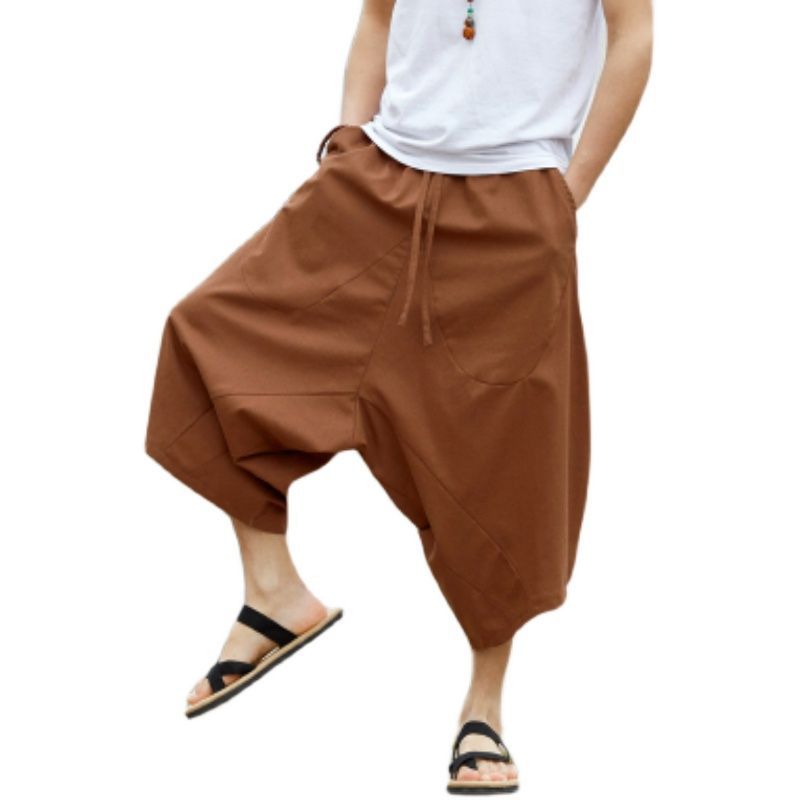 Pantalones anchos para hombres, pantalones cortos de lino de estilo chino étnico Songxia, pantalones de entrepierna grande de Nepal, pantalones de ardilla voladora de hip-hop personalizados