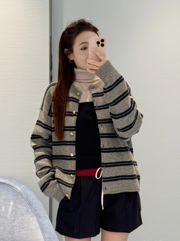 南油高定miu25秋季新款学院风条纹长袖针织衫女百搭显瘦开衫上衣|undefined