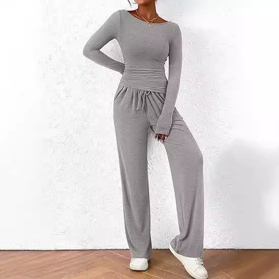 tuta autunnale asimmetrica manica lunga maglietta pantaloni gamba larga abbigliamento sportivo casual_voghion.com