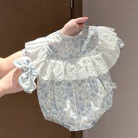 宝宝蓝白碎花连体衣夏季棉婴儿荷叶边哈衣公主爬服单件哈衣图片色