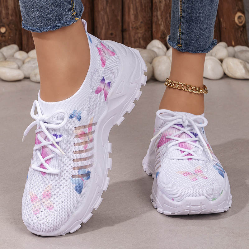 Cross-Border Women's Shoes, European and American Style, Height-Increasing Casual Shoes, Butterfly Pattern Fly-Knit Single Shoes, Temu Sneakers, Thick-Soled Dad Shoes