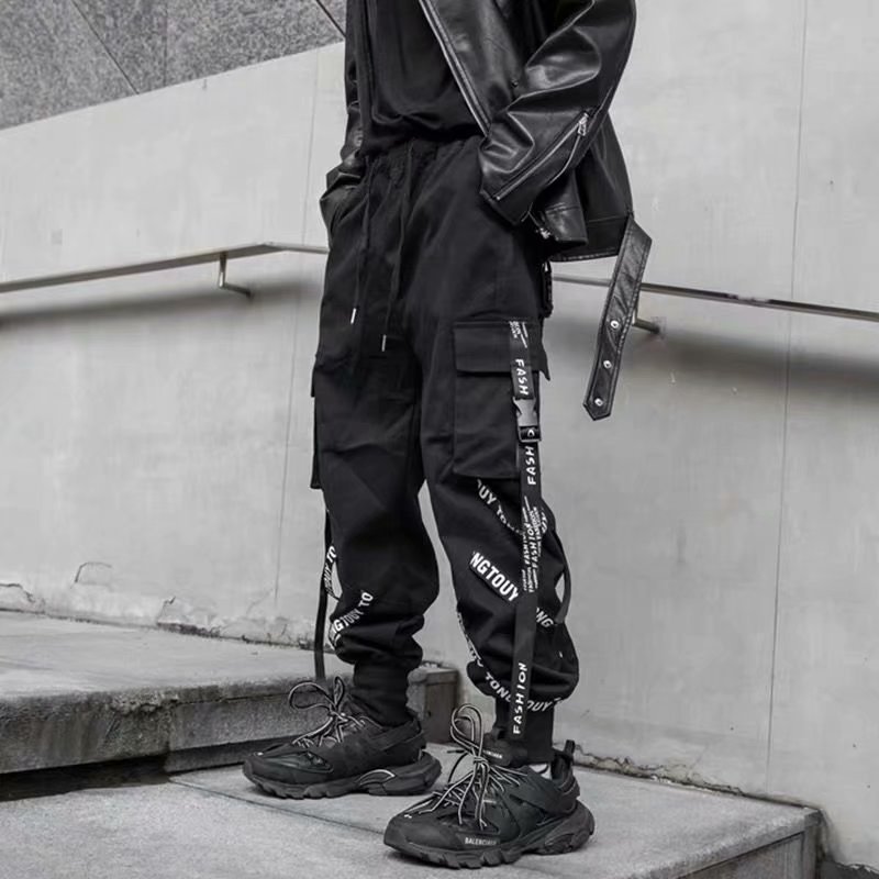 Ins pants loose ribbon nine part overalls men's Korean fashion brand hip-hop Harun leggings_voghion.com