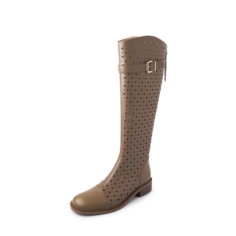Boot nữ cổ cao rỗng dạng lưới, phong cách hè, ống cao thoáng khí — Màu đen