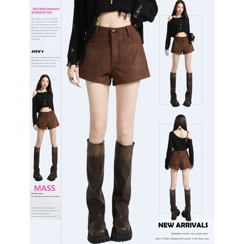 Plus-Size Melard-Style Coffee-Colored Shorts, New Spring and Autumn Suede A-Line Boot Shorts, Trendy Straight-Leg Leather Pants for Petite Women