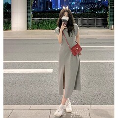 クロスボーダー 2025 新しいニッチデザイングレーカジュアル T シャツドレス夏の女性のスリットロングスカート