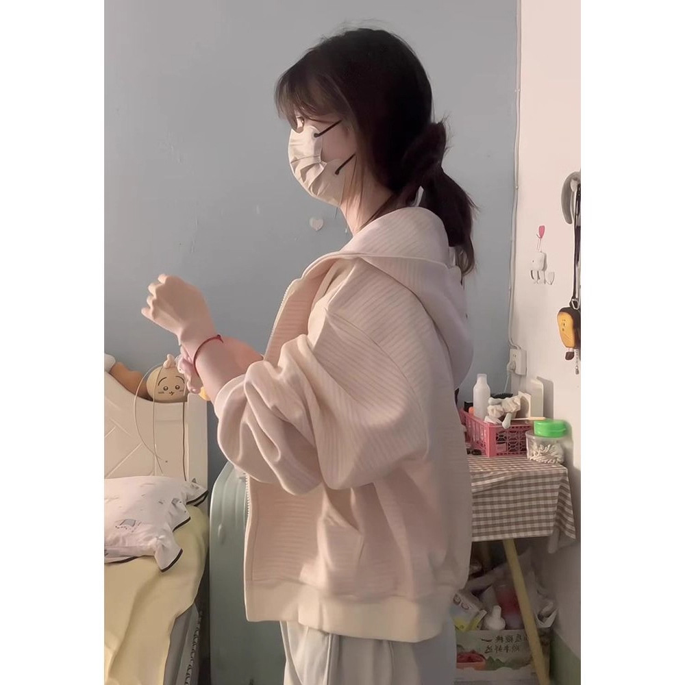 Sweet Pink Stripesd Sweatshirt Jacket for Women 2025 Autum Korean Style Loose Casual Hooded Cardigan Top