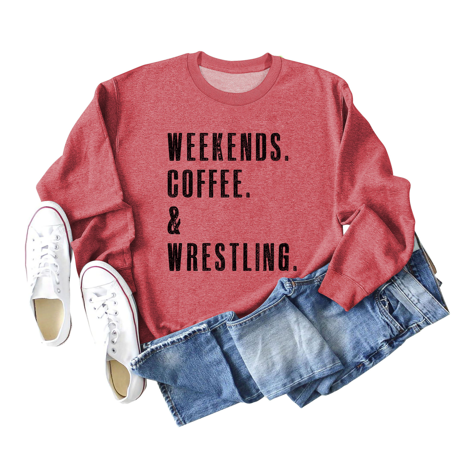 Fines de semana café Amazon en stock cuello redondo moda letras más tamaño Otoño e Invierno manga larga suéter