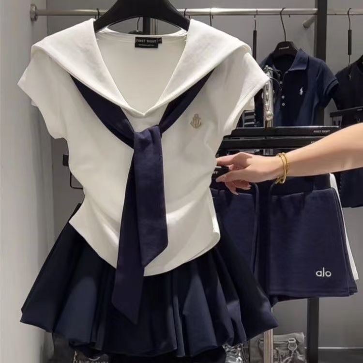 韩系学院风时尚撞色海军领短袖T恤女2025夏季新款修身显瘦上衣ins|undefined