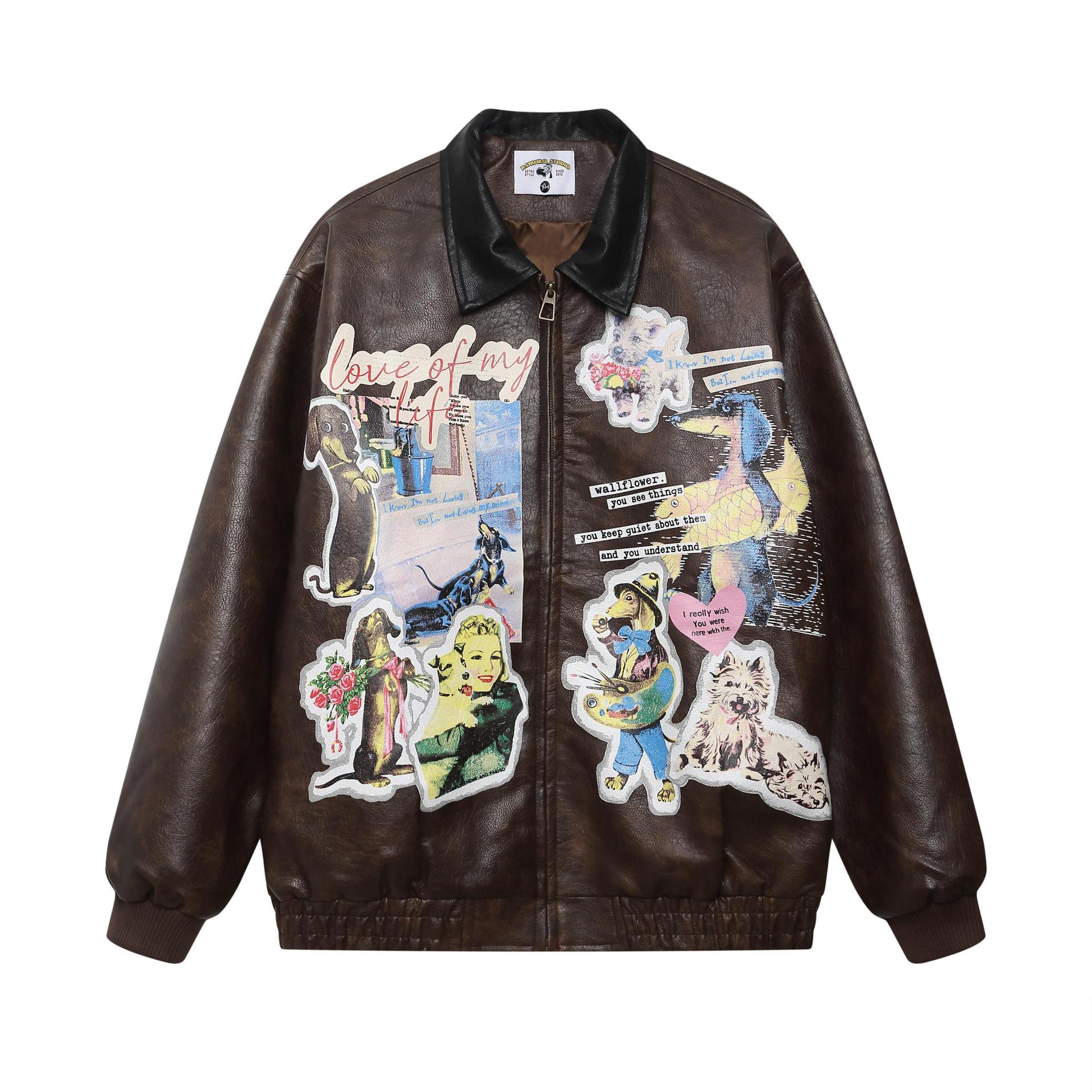 欧美街头vintage印花翻领皮夹克男女宽松情侣机车ins复古休闲外套