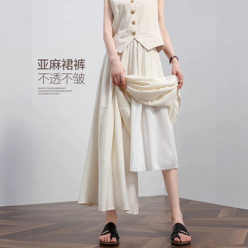 Linen Culottes for Women, Summer Thin Style, New Ice Silk Sun-Protective Wide-Leg Pants, High-Waisted Loose-Fitting Half-Length Skirt