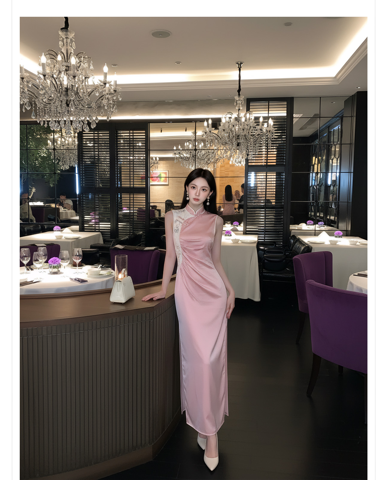 Đầm maxi nữ thắt eo cổ đứng thêu hoa phong cách Trung Hoa mùa hè — màu hồng chi tiết 12