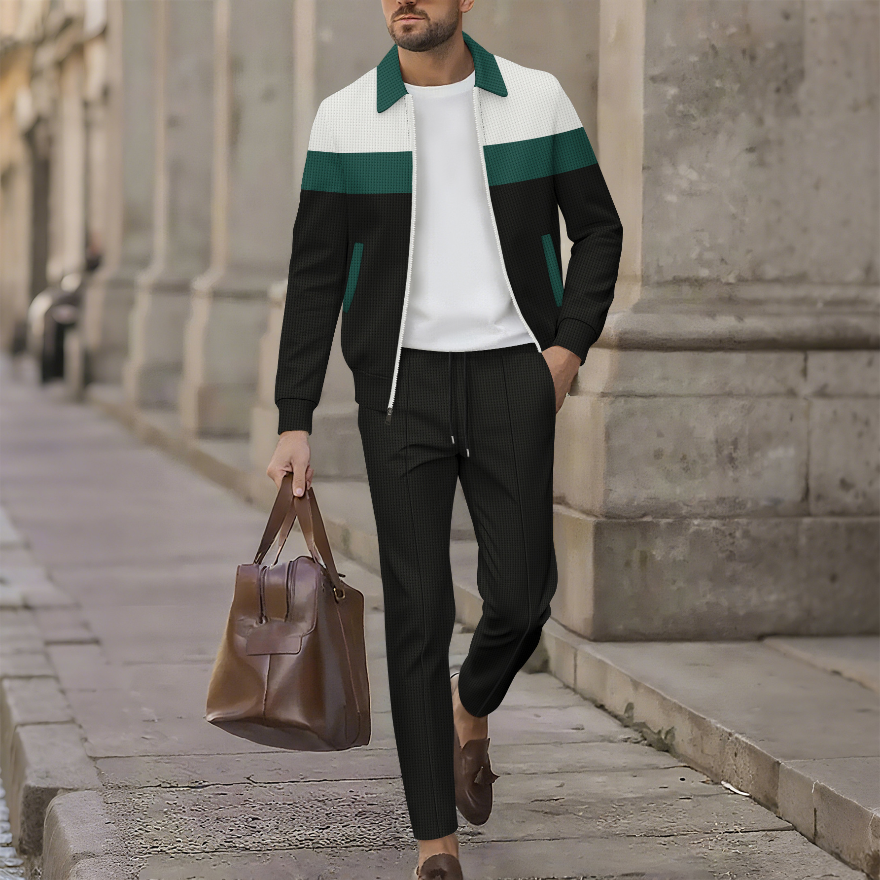 Men's Casual Color Block Waffle Knit Jacket And Trousers Set Spring Autumn New Men's Clothing_voghion.com