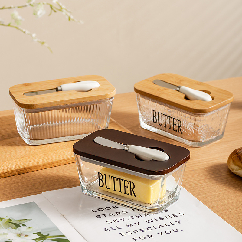Transfronterizo Amazon nueva cubierta de vidrio queso mantequilla queso pastel caja de postre plato de mantequilla nórdica con cuchillo