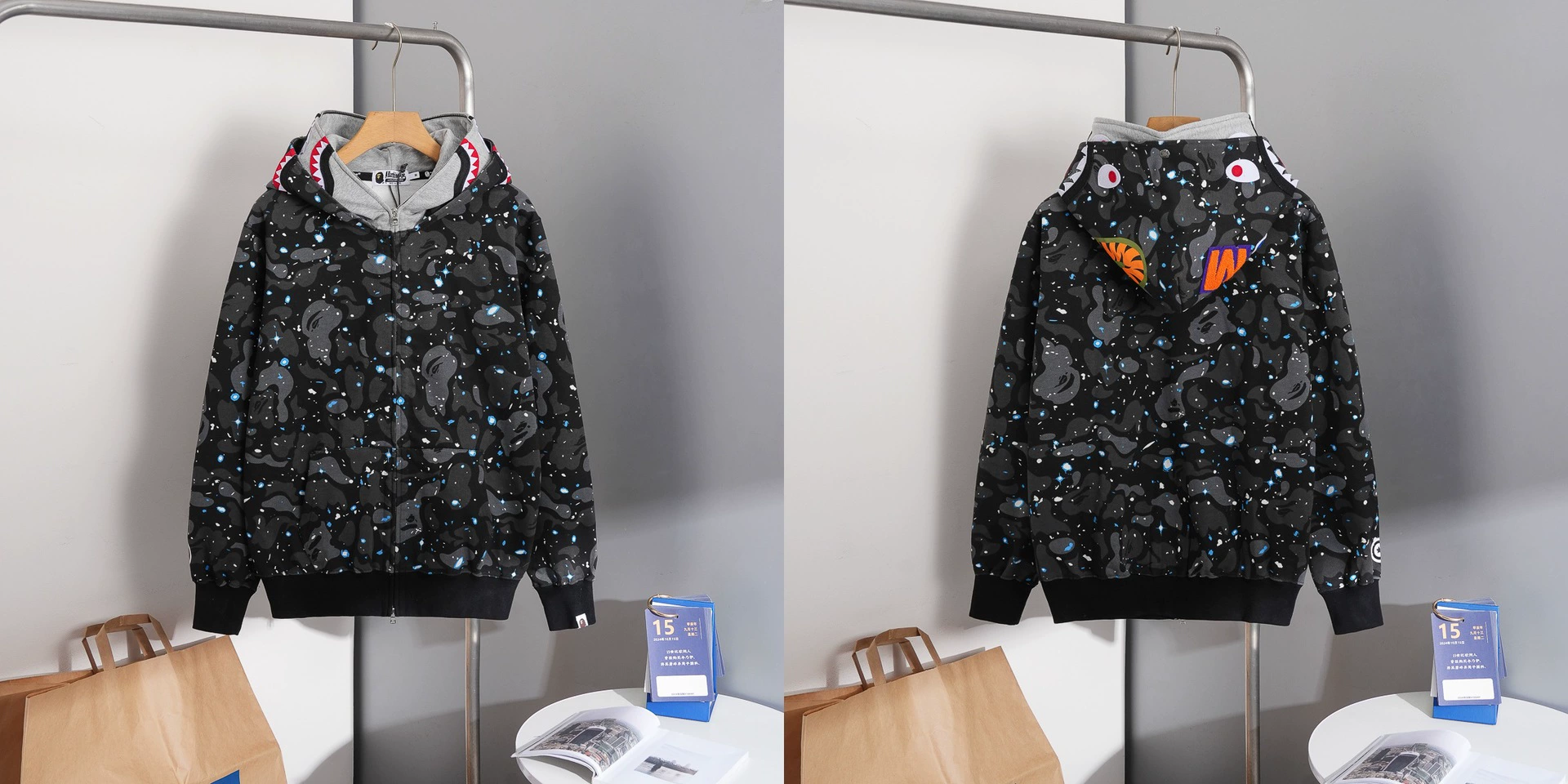 (Cross-border trading), camouflage cloth, shark, sweatshirt with hood with zipper, with embroidery