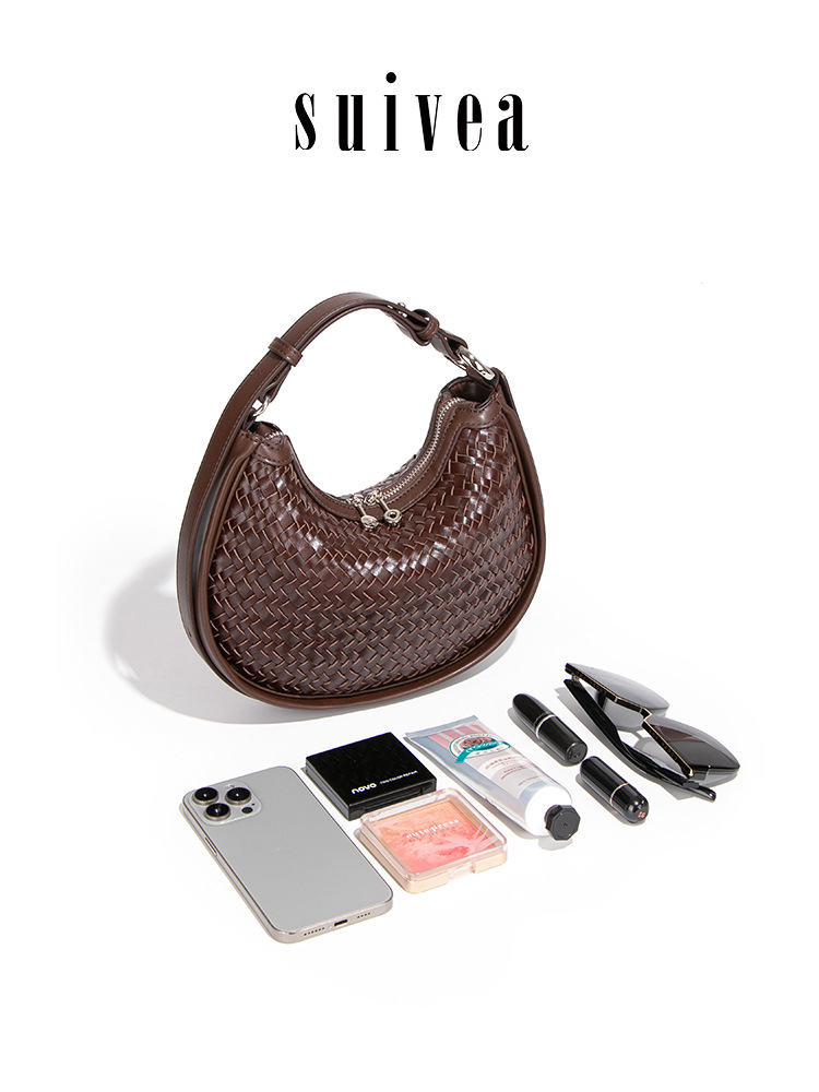 Bolso de Hombro de Media Luna Tejido de PU Estilo Retro Tejido a Mano para Uso Diario