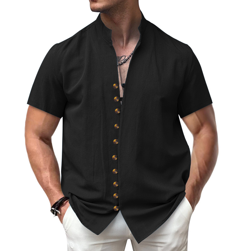 T-shirt da uomo stile europeo e americano transfrontaliero estate 2025, lino retrò, colletto alla coreana con bottoni._voghion.com