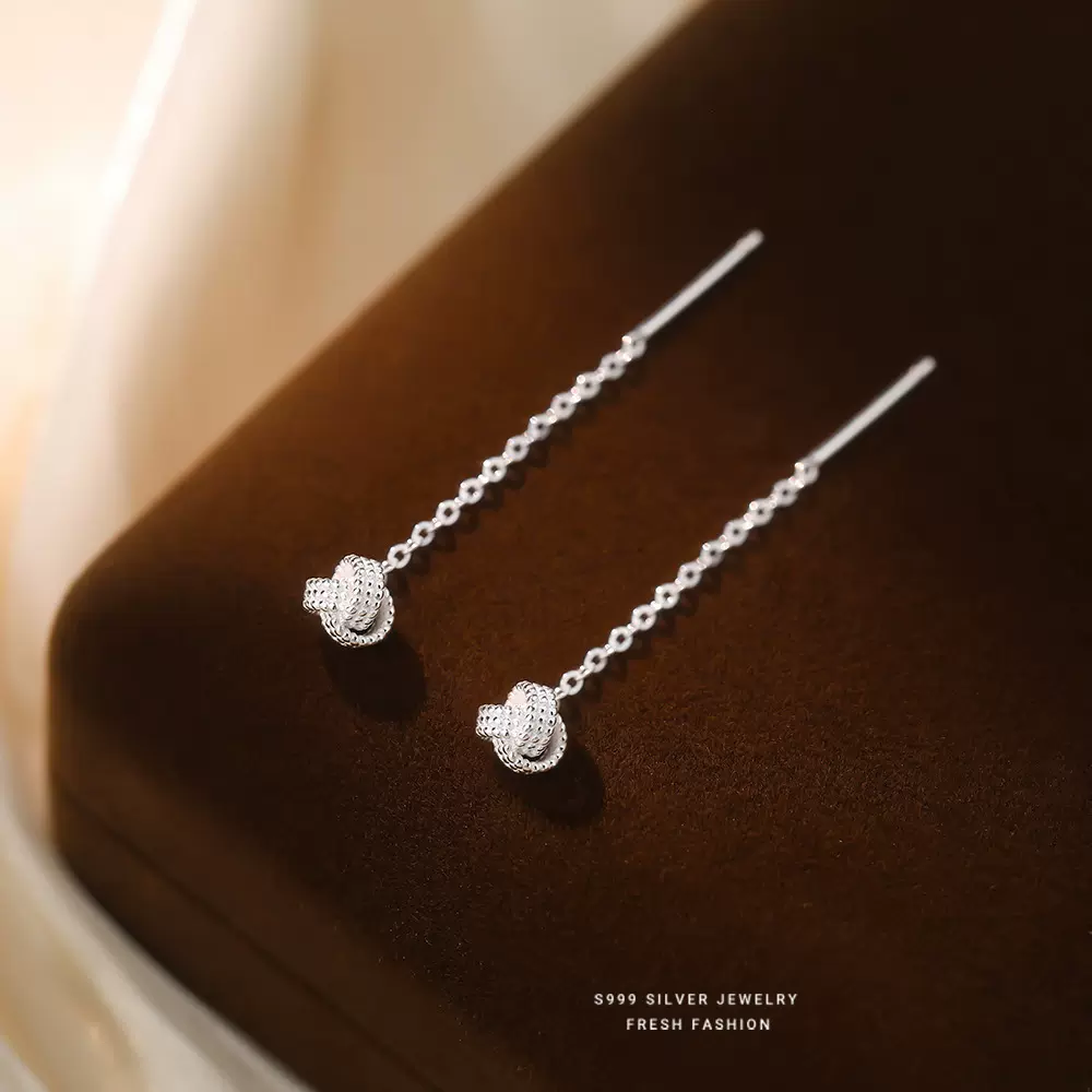 S999纯银编织纹如意绳结耳线女2025款时尚简约ins风素银耳钉耳饰