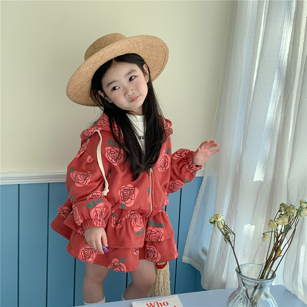 女童春装卫衣2023新款3017花朵卫衣套裙女孩带帽套装甜美两件套装|ms