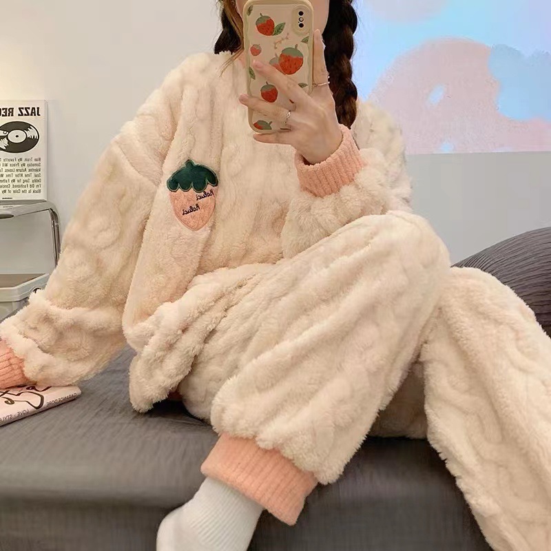 Franela engrosada de manga larga pijamas para mujeres invierno dulce Otoño e Invierno oso coral polar cálido ropa de abrigo homewear traje image 10