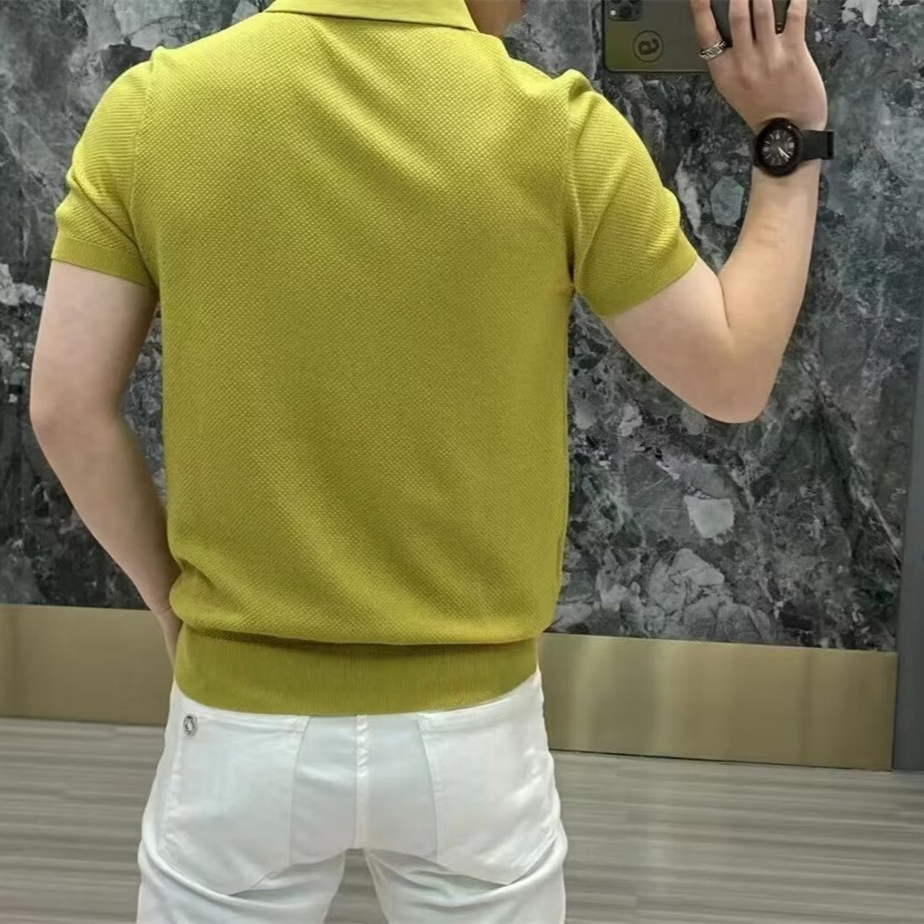 Verano retro rayas sólidas camiseta de polo casuales cuello de manga corta camiseta de punto de moda adolescente camiseta de hombre