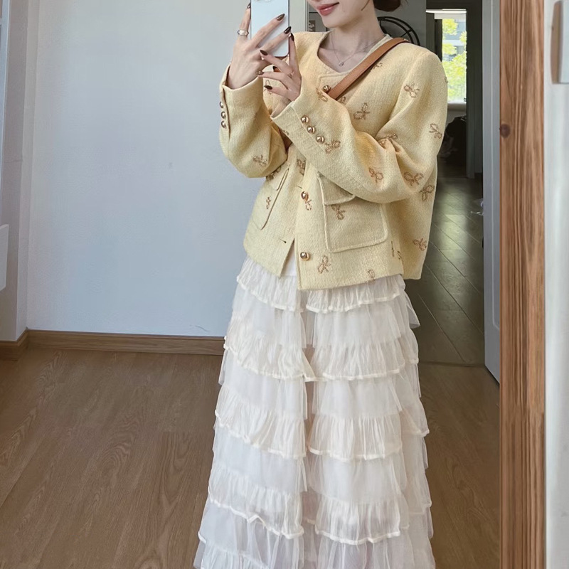 【月华轻绡】蝴蝶秀珠短外套女秋季高级感上衣+蛋糕裙套装两件套|undefined